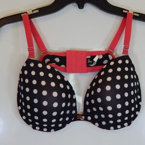 Fredericks of Hollywood Black White Polka Dot Pink XTreme Push Up Bra 38B No Pad